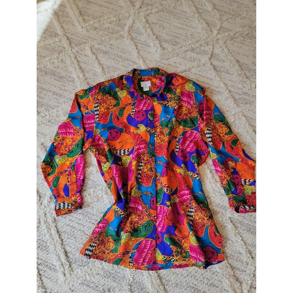 Vintage 80's-90's George Georgiou 100% Silk Multicolored Blouse Tunic Size 10